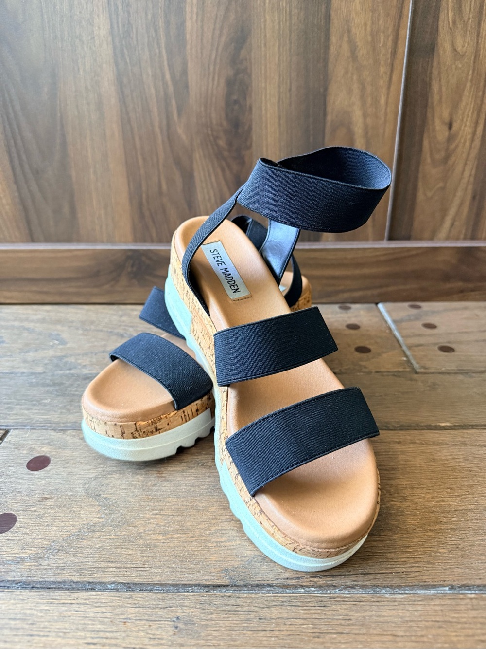 Steve Madden Black Elastic Cork Platform Sandals